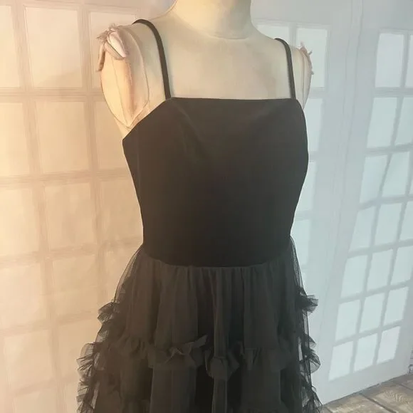 Row A Black Velvet Ruffled Chiffon Skirt Lined Mini Party Dress Size Large - Picture 2 of 10